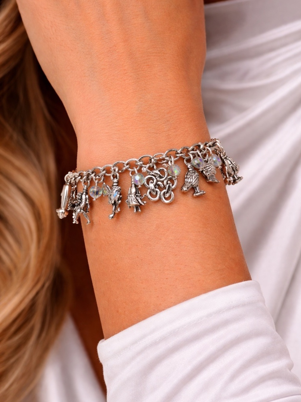 Vintage Silver Tone Charm Bracelet – Fairy Tale Whimsical Charms Crystal